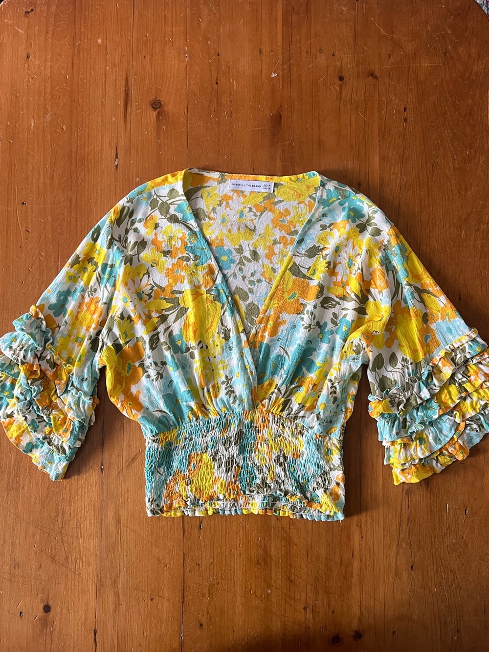 Faithfull the Brand Gisela Floral Print Deep V Smocked Bodice Ruffle Sleeve Top